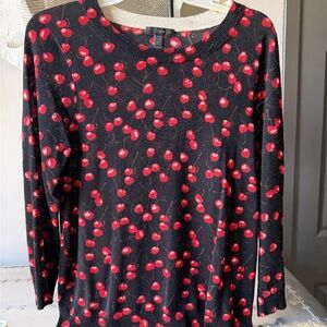 J. Crew Black and Red Cherry Print Long Sleeve Sweater Top